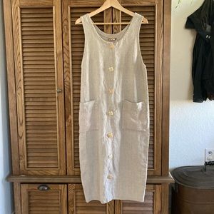 Oyako Japanese brand long linen dress in khaki, patch pockets, buttons, large
